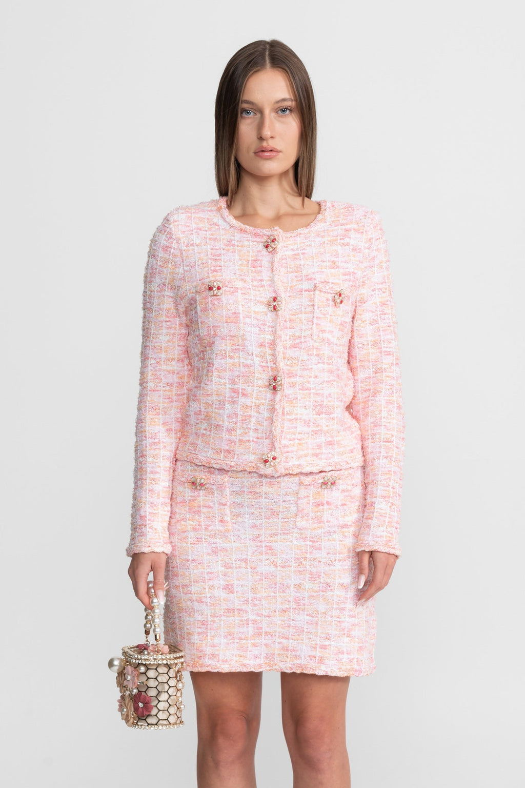 Süslemeli Düğmeli Tweed Takım – Allık Pembesi