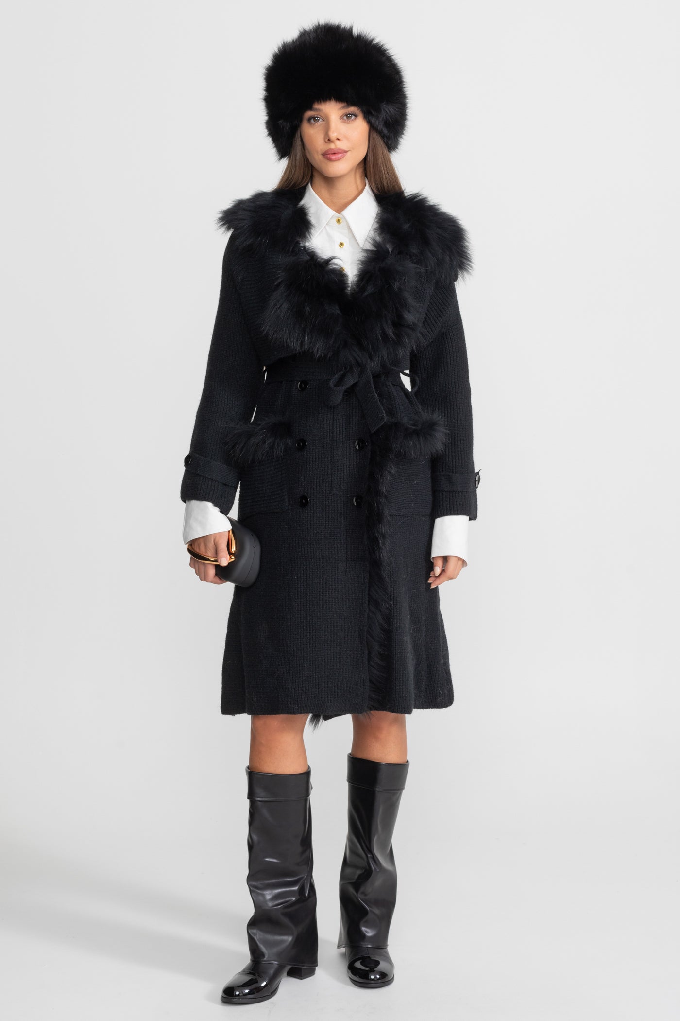 Kürk Kenarlı Kruvaze Yün Örgü Palto - Siyah