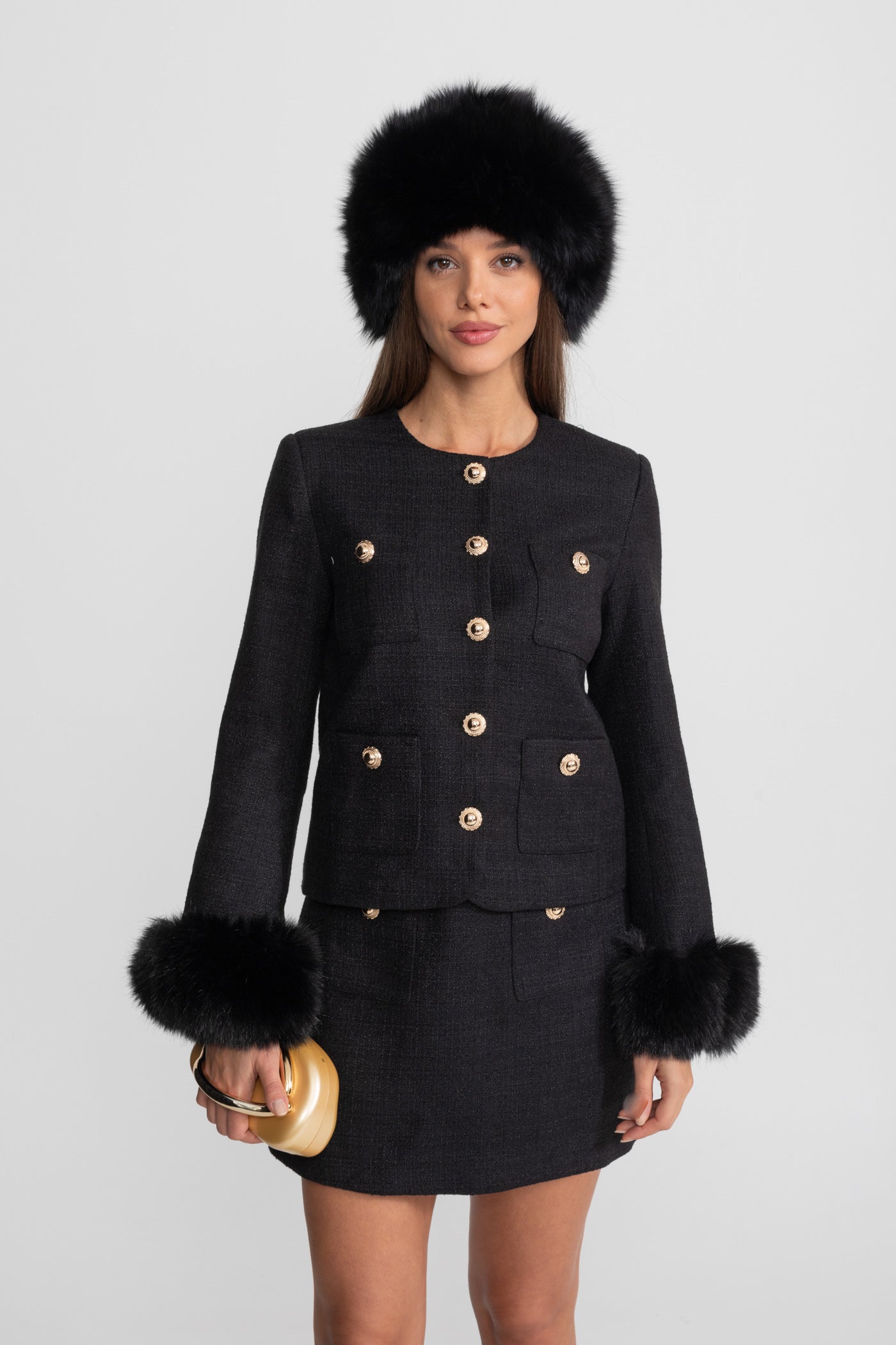 Altın Düğmeli Tweed Mini Etek – Siyah