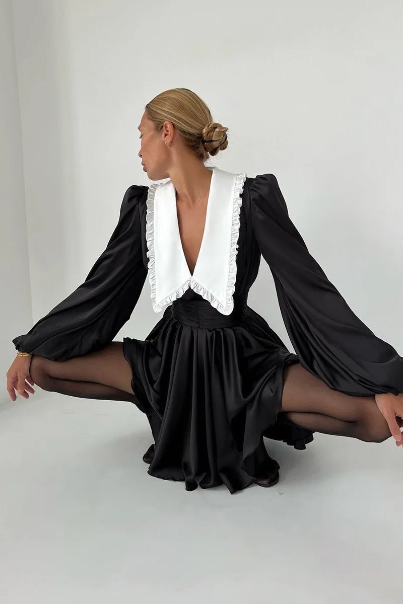 Milena V Yaka Fener Kol Mini Elbise