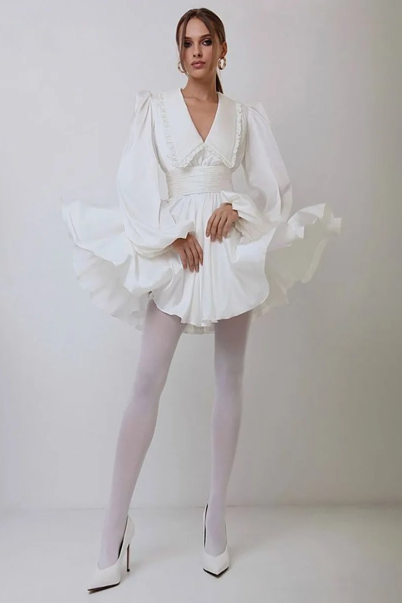 Milena V Yaka Fener Kol Mini Elbise