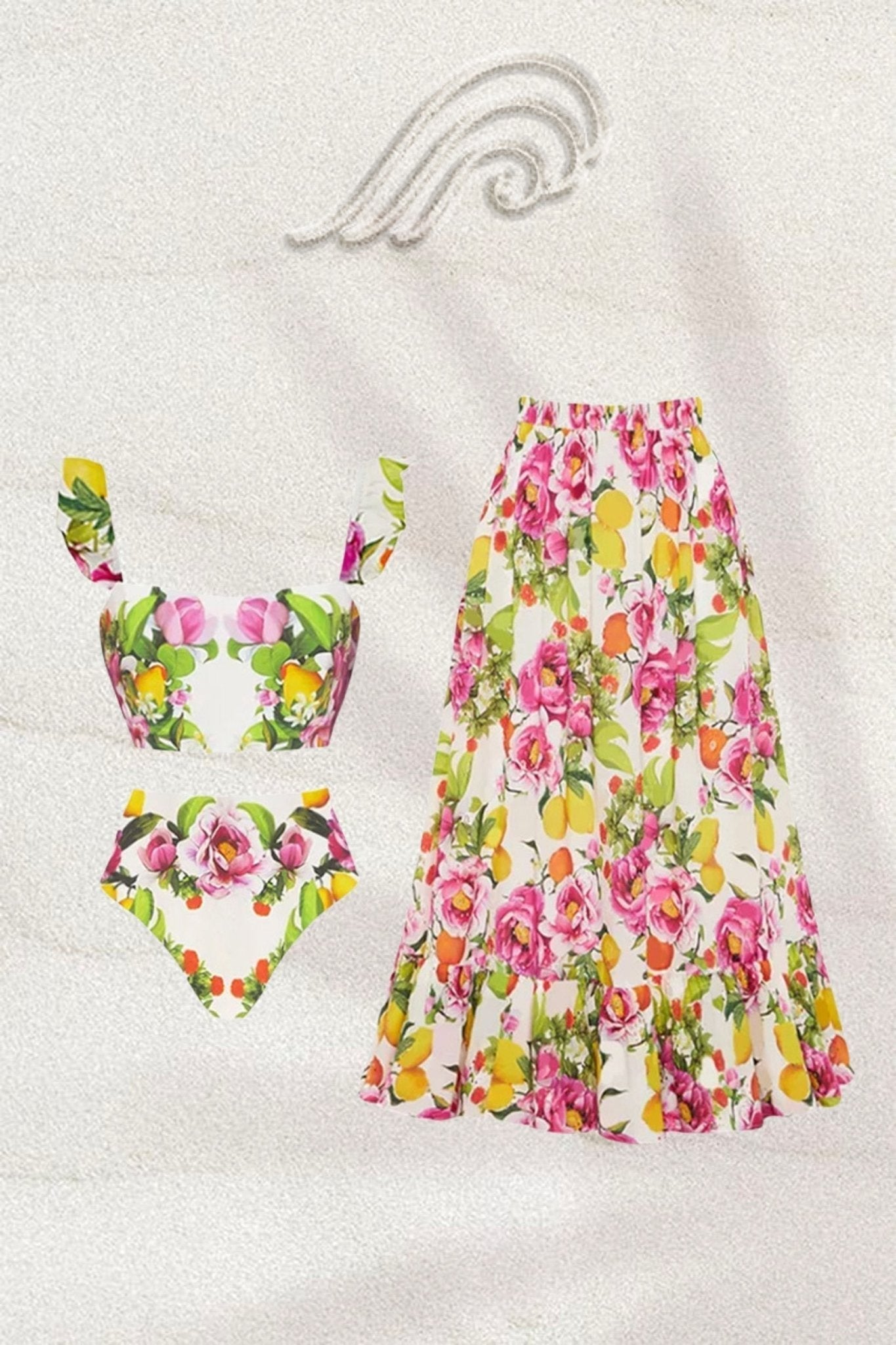 Nate Baskılı Fırfırlı Üçlü Yüzme Seti