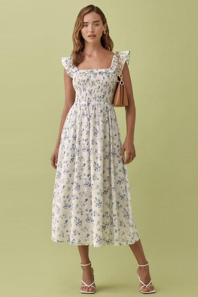 Nita Baskılı Büzgülü Korsajlı Fırfır Askılı Midi Elbise