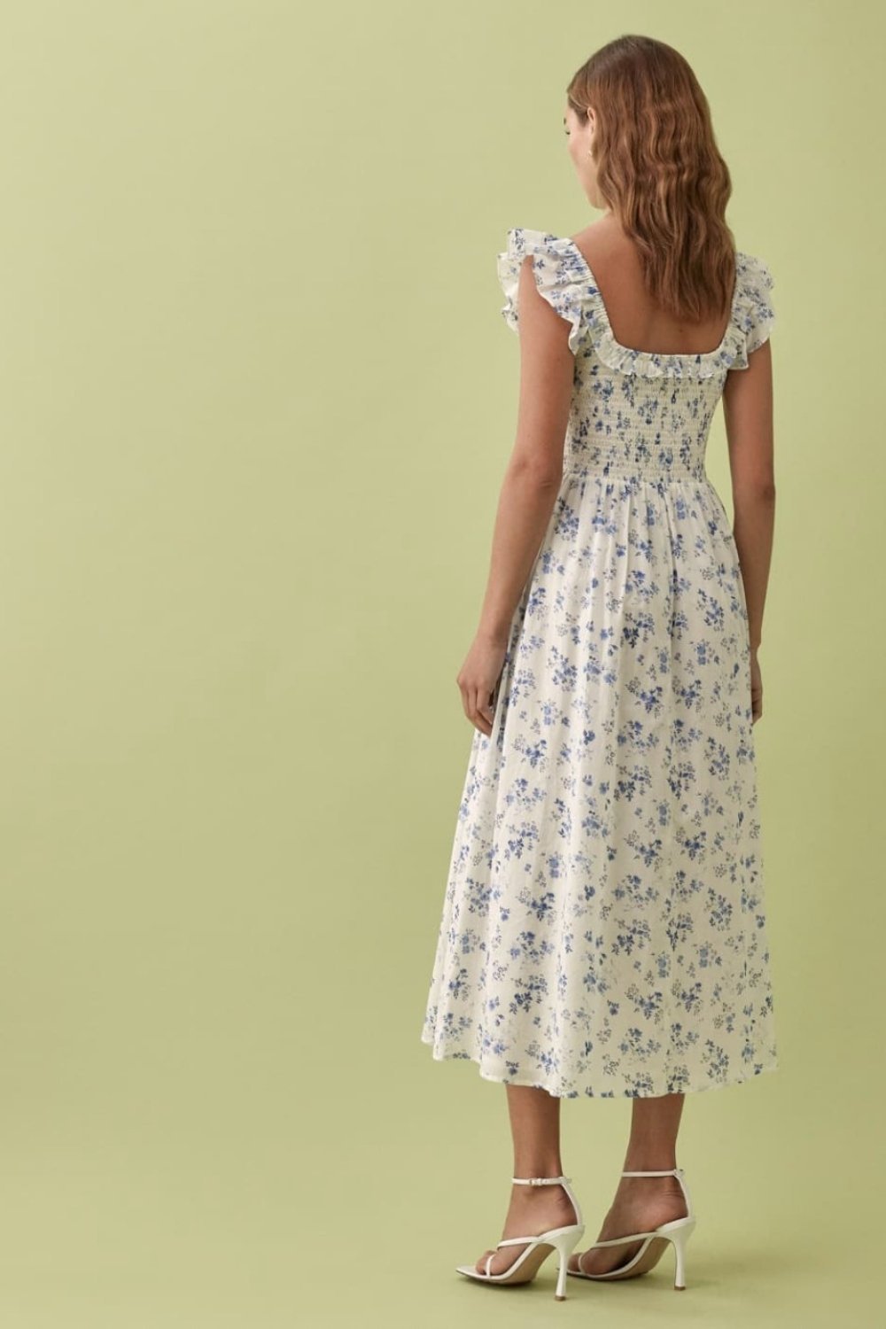 Nita Baskılı Büzgülü Korsajlı Fırfır Askılı Midi Elbise