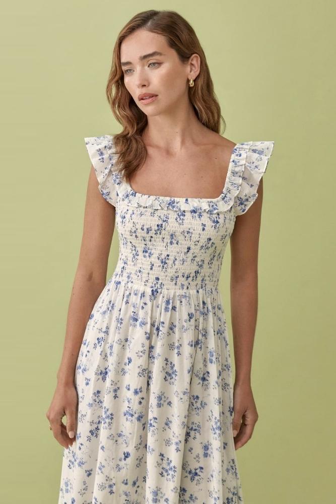 Nita Baskılı Büzgülü Korsajlı Fırfır Askılı Midi Elbise