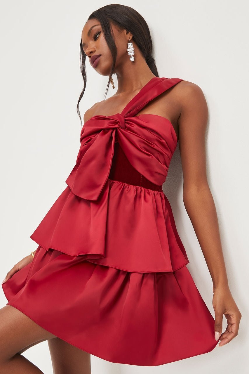 Paula Tek Omuz Papyonlu Katlı Mini Elbise