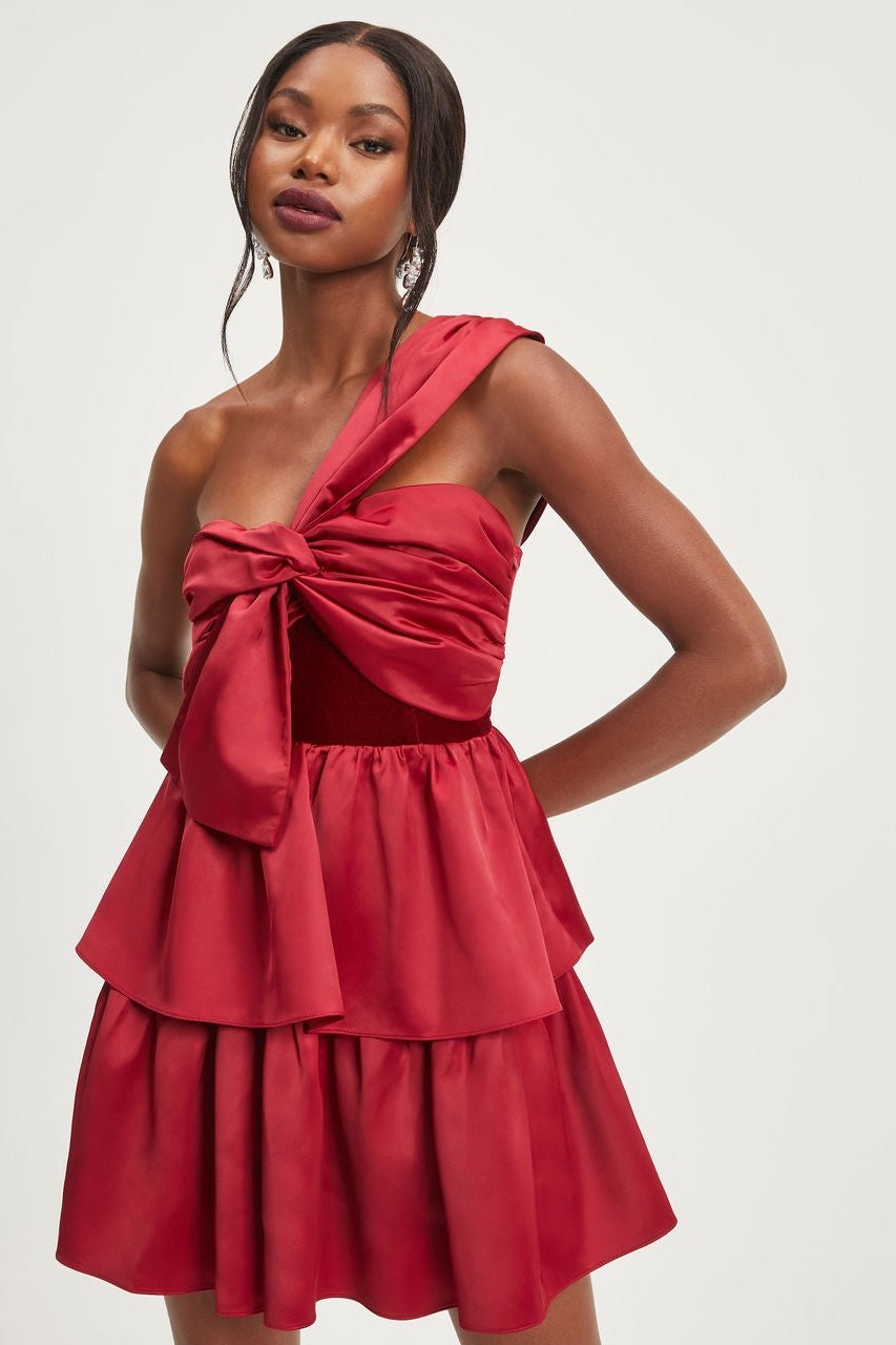 Paula Tek Omuz Papyonlu Katlı Mini Elbise