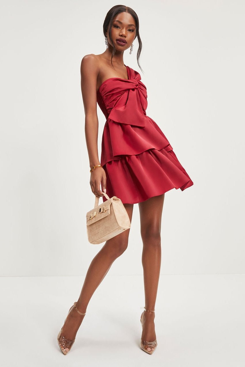 Paula Tek Omuz Papyonlu Katlı Mini Elbise