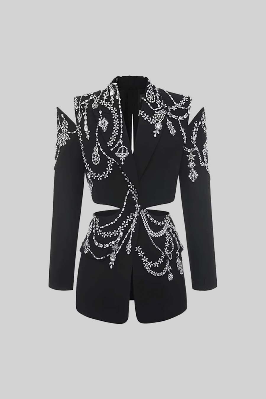 Bel Kesimli İşlemeli Şık Blazer - Siyah