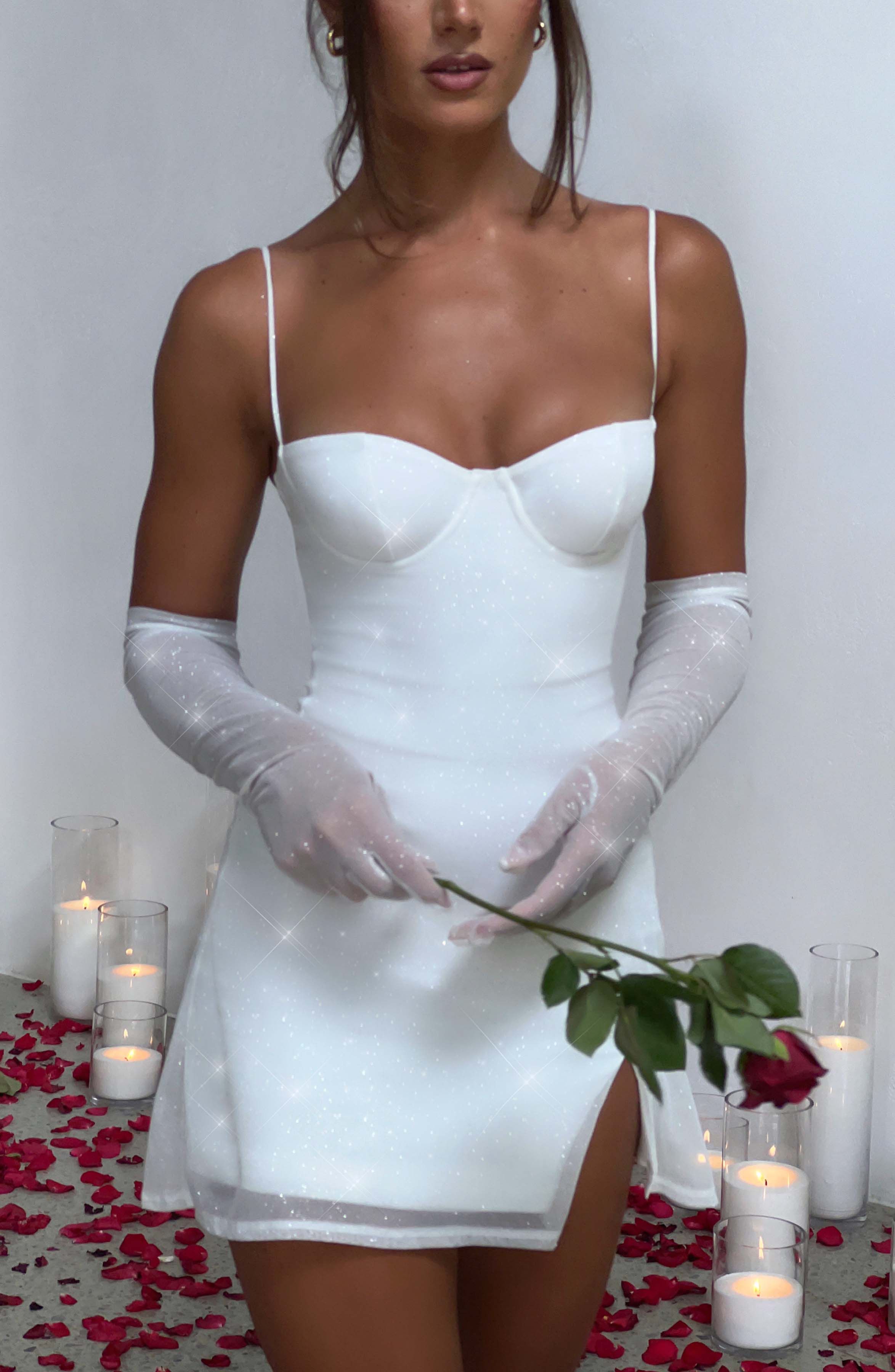 Simli Tül Eldiven – Beyaz