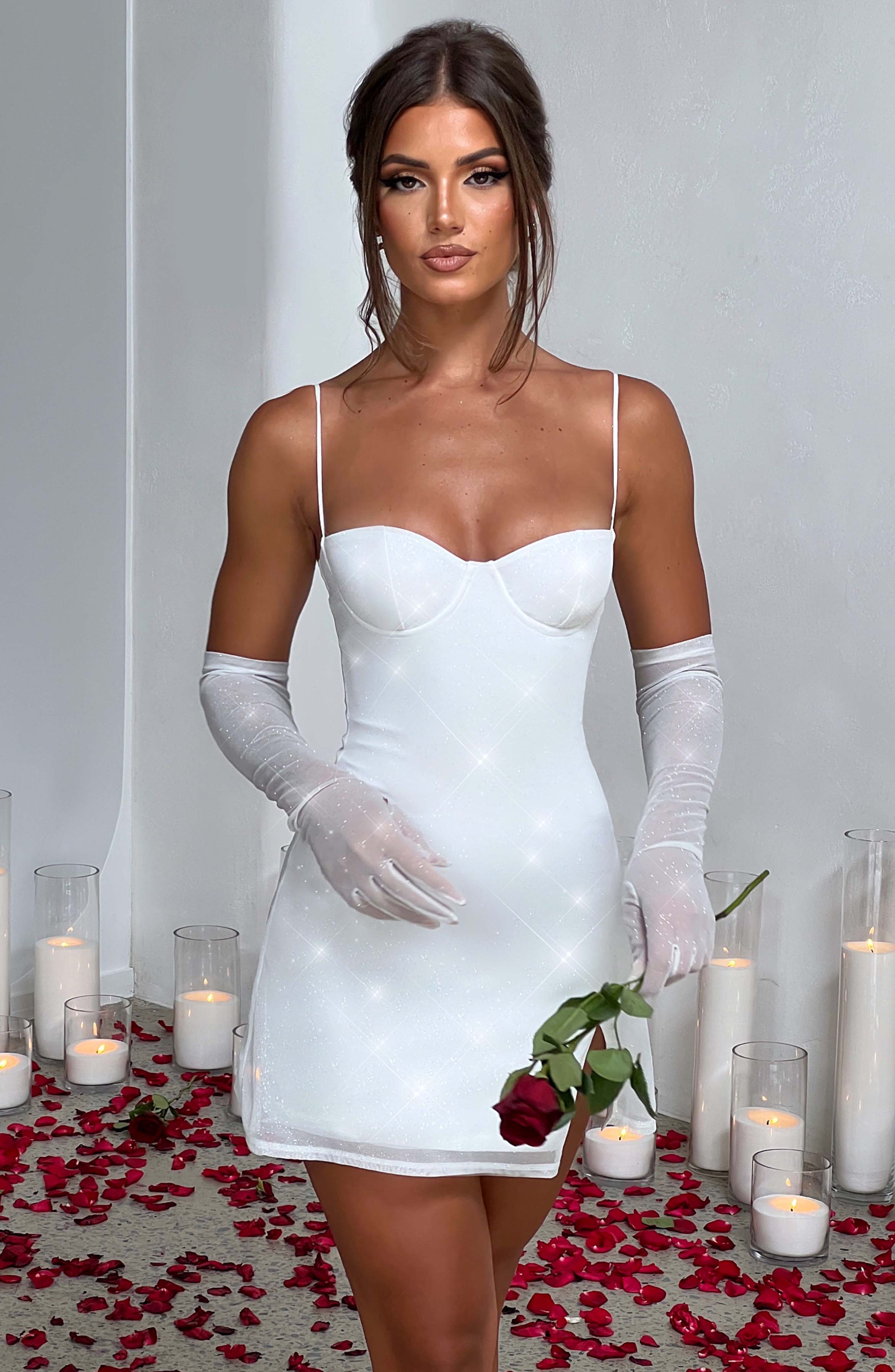 Simli Tül Eldiven – Beyaz