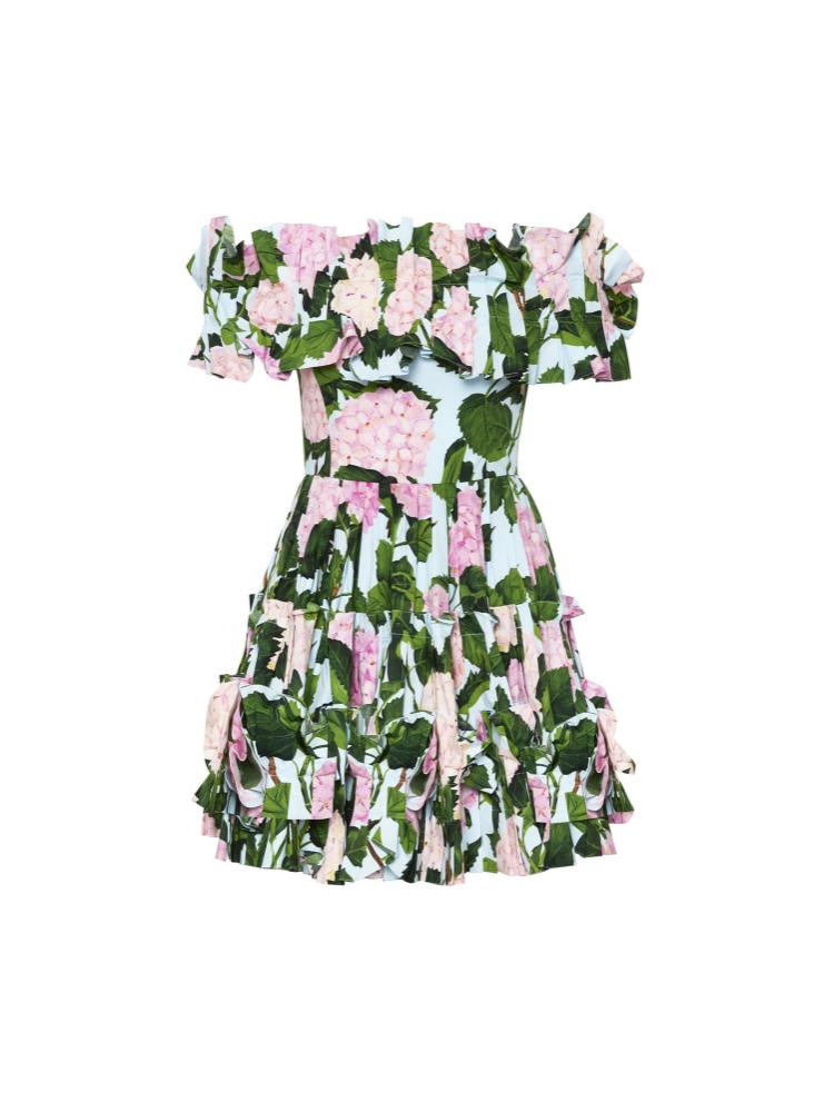 Bess Baskılı Fırfırlı Korsajlı Omuzu Açık Katlı Mini Elbise