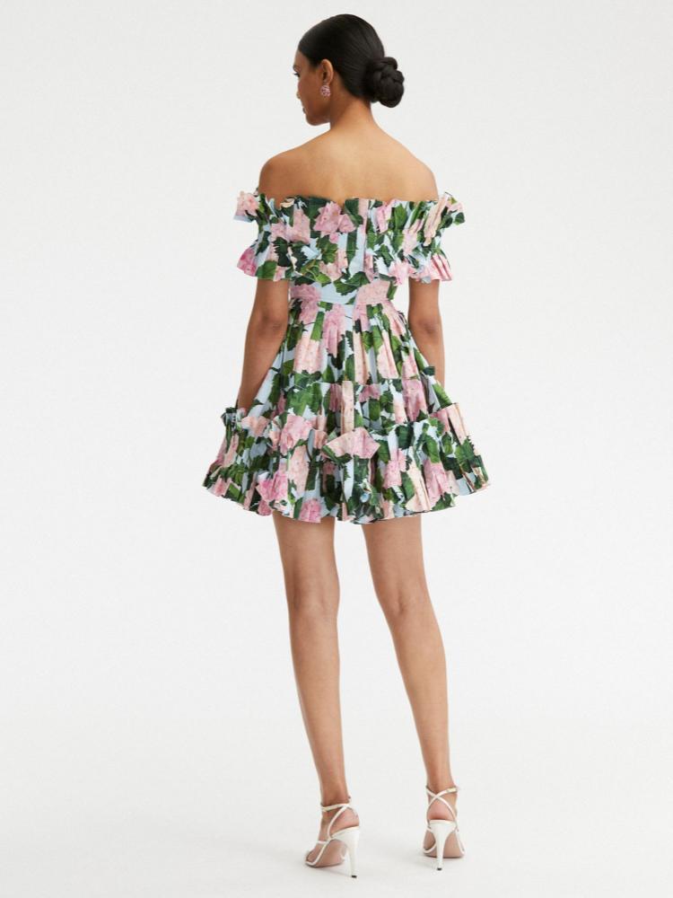 Bess Baskılı Fırfırlı Korsajlı Omuzu Açık Katlı Mini Elbise