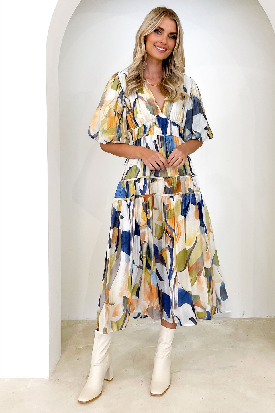 Erin Baskılı V Yaka Kesimli Flare Midi Elbise