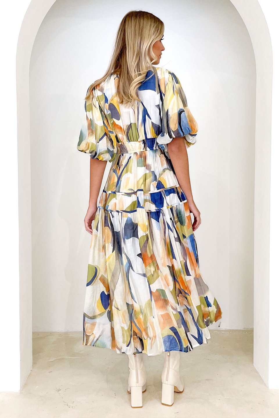 Erin Baskılı V Yaka Kesimli Flare Midi Elbise