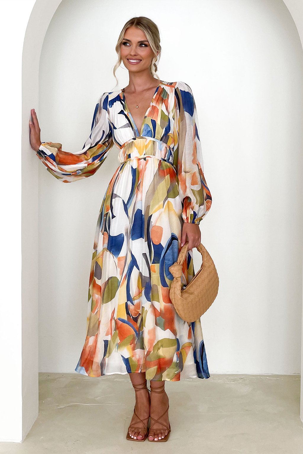 Erin Baskılı V Yaka Flare Midi Elbise