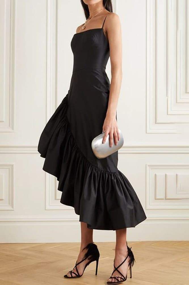 Gelincik Asimetrik Fırfırlı Midi Elbise