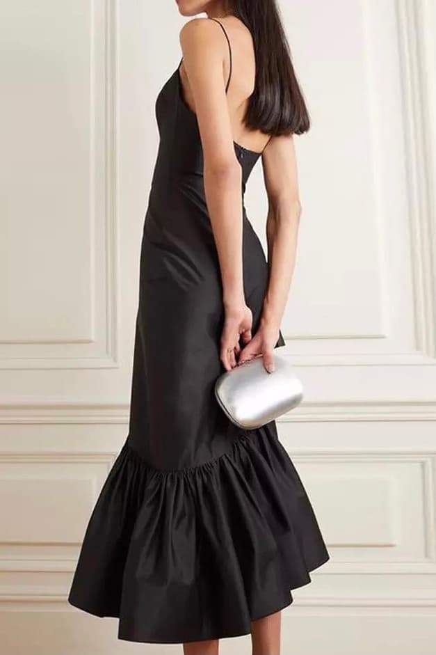 Gelincik Asimetrik Fırfırlı Midi Elbise