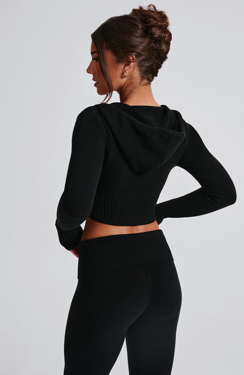 Fermuarlı Crop Kapüşonlu Triko Sweatshirt – Siyah