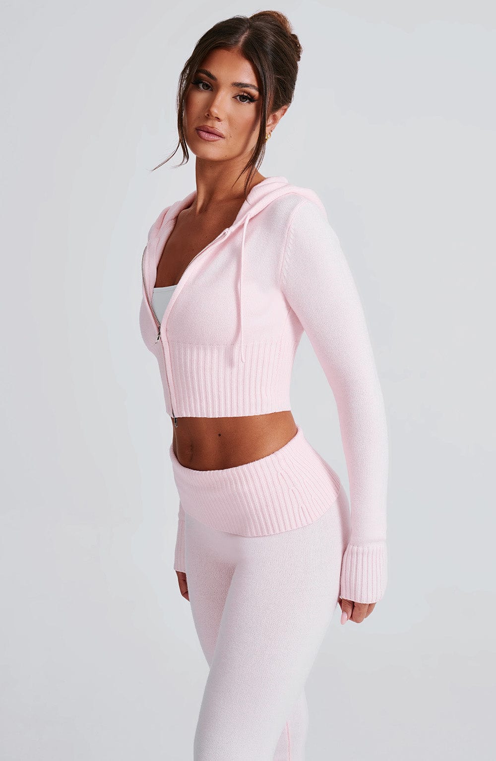 Kapüşonlu Fermuarlı Fit Triko Sweatshirt – Pembe