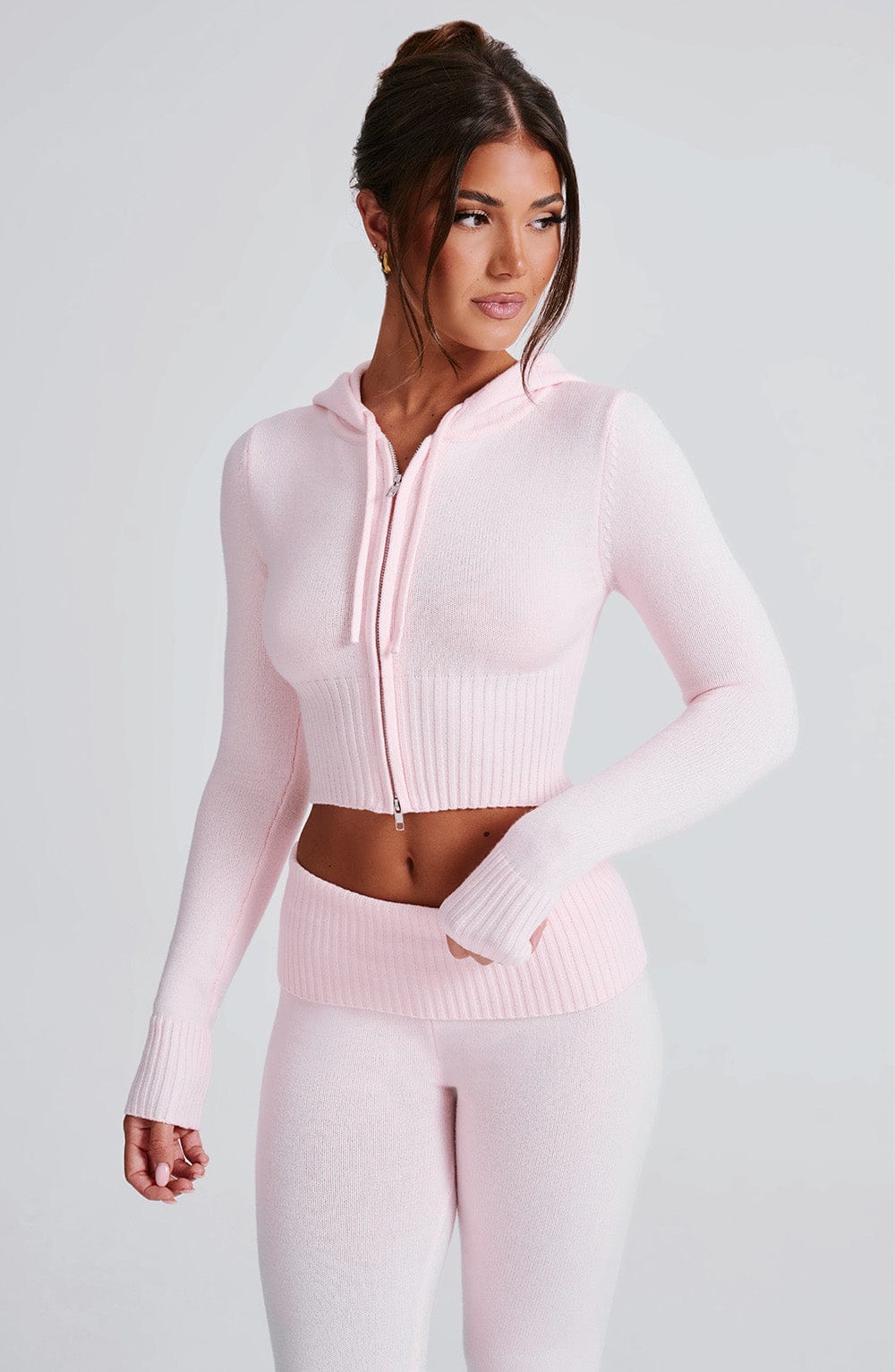Kapüşonlu Fermuarlı Fit Triko Sweatshirt – Pembe