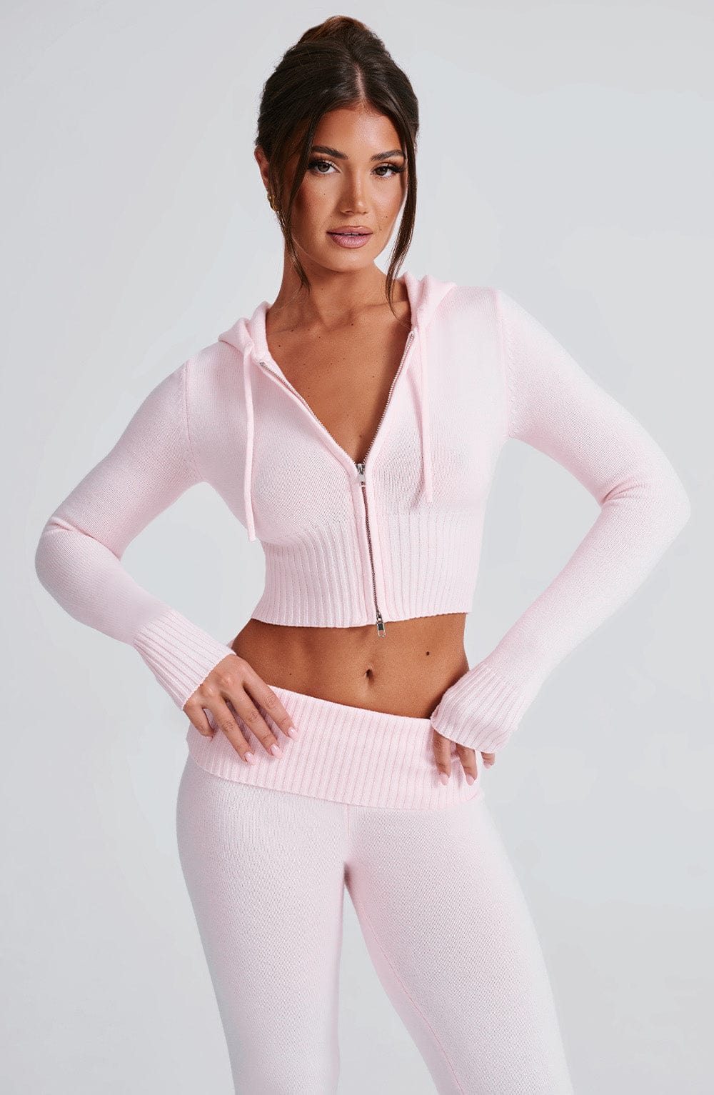 Kapüşonlu Fermuarlı Fit Triko Sweatshirt – Pembe