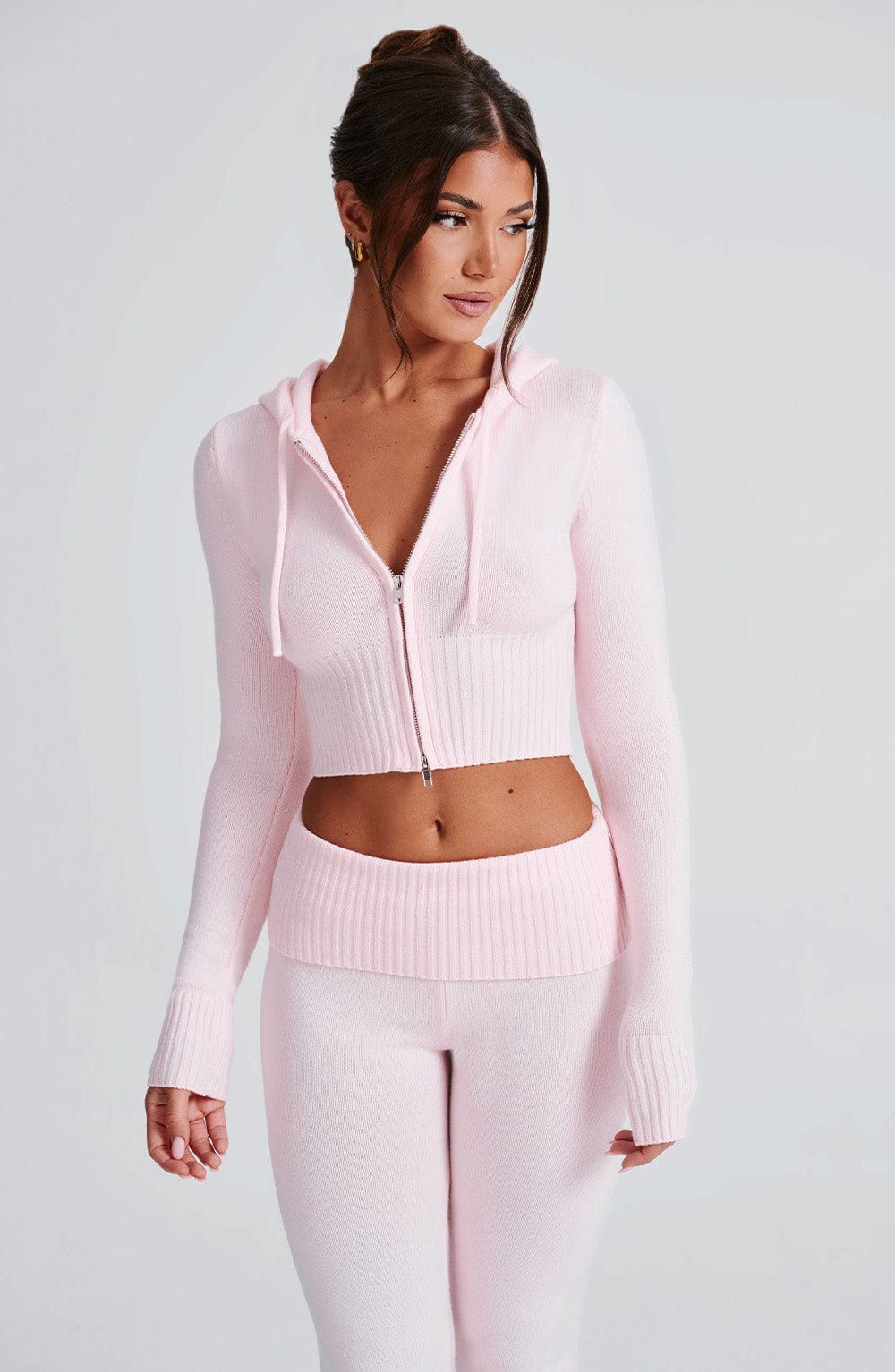 Kapüşonlu Fermuarlı Fit Triko Sweatshirt – Pembe