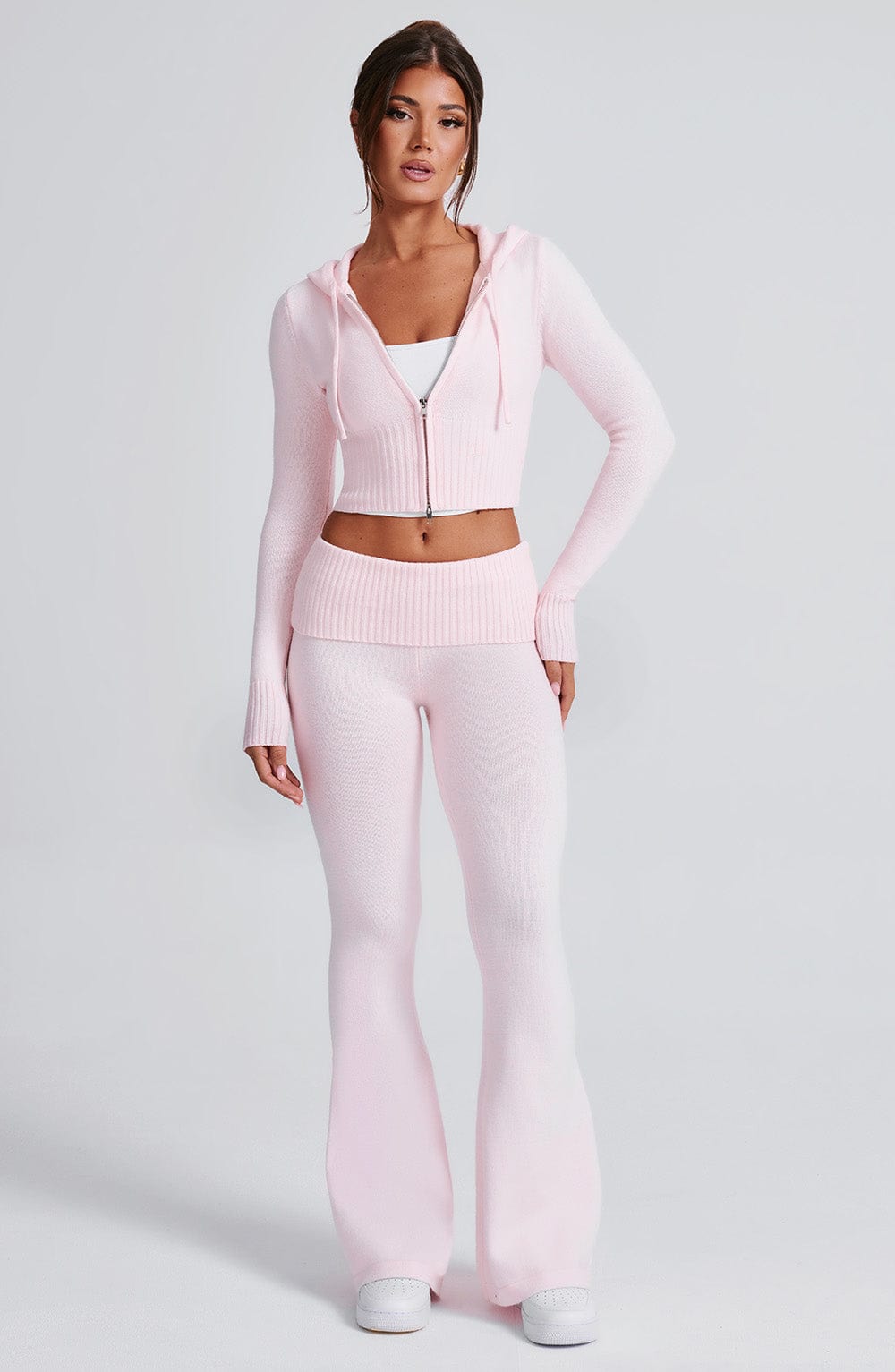 Kapüşonlu Fermuarlı Fit Triko Sweatshirt – Pembe