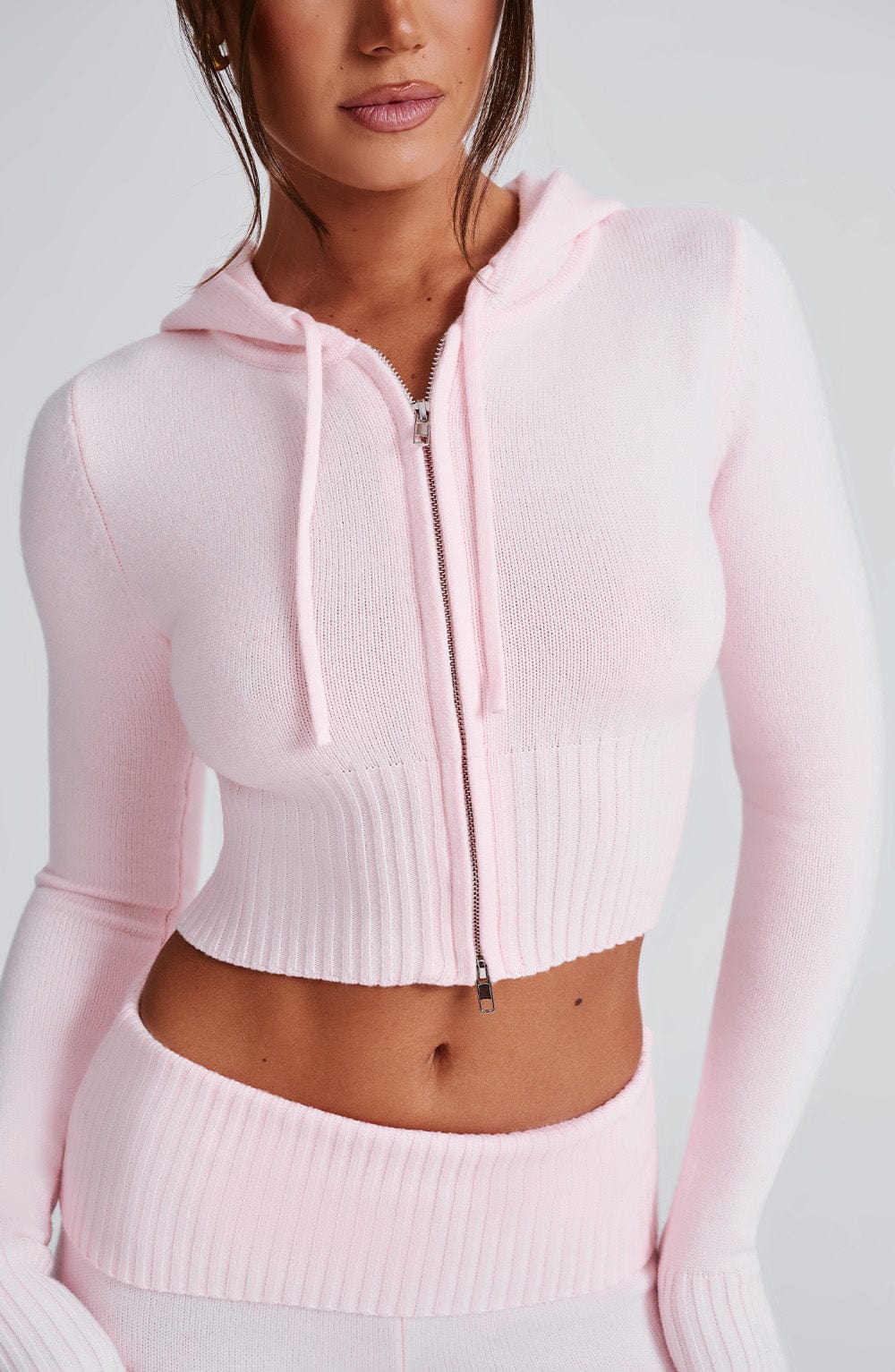 Kapüşonlu Fermuarlı Fit Triko Sweatshirt – Pembe