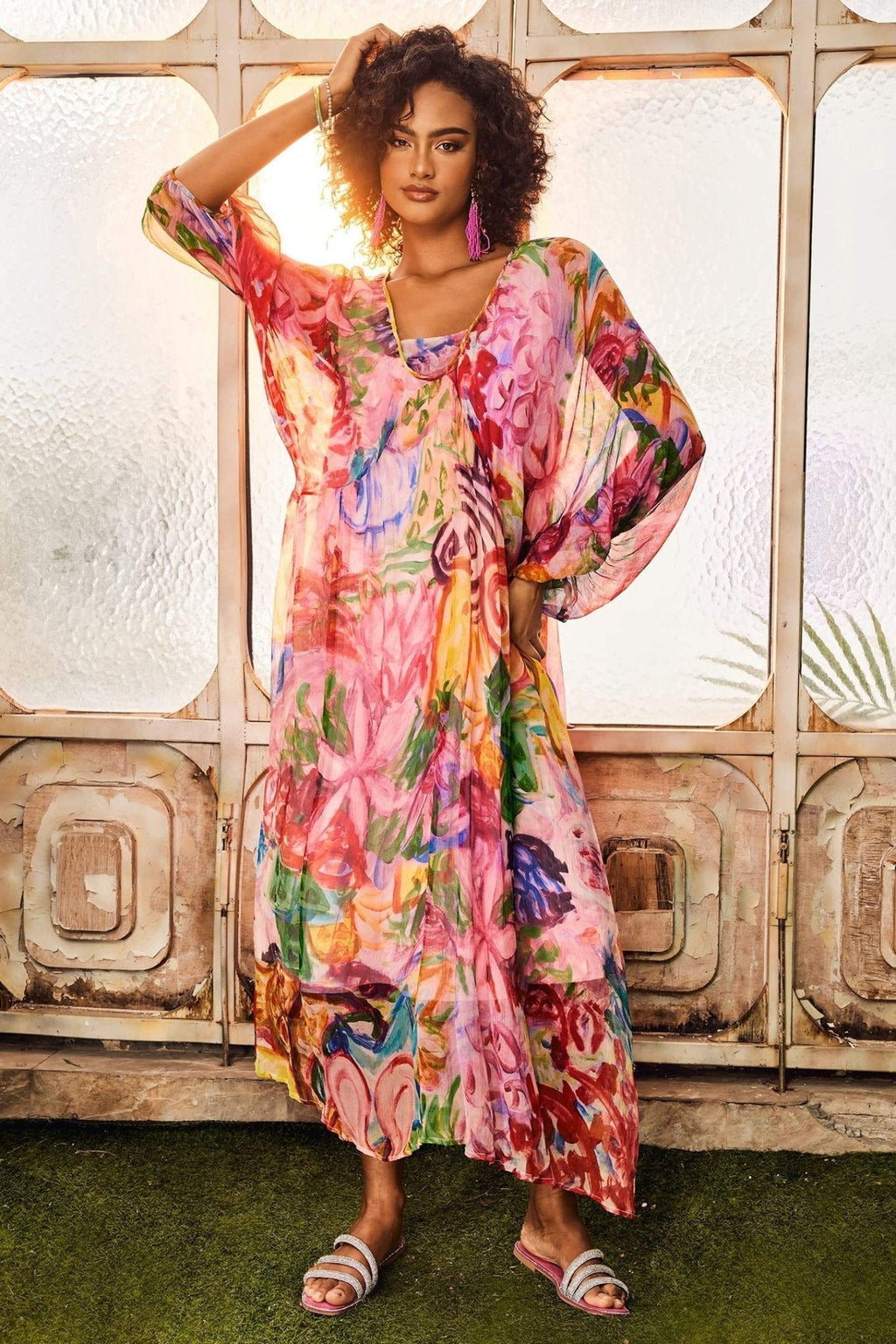 Quinn Baskılı Batwing Kol Midi Elbise