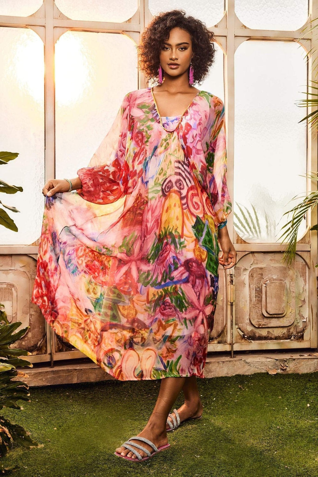 Quinn Baskılı Batwing Kol Midi Elbise