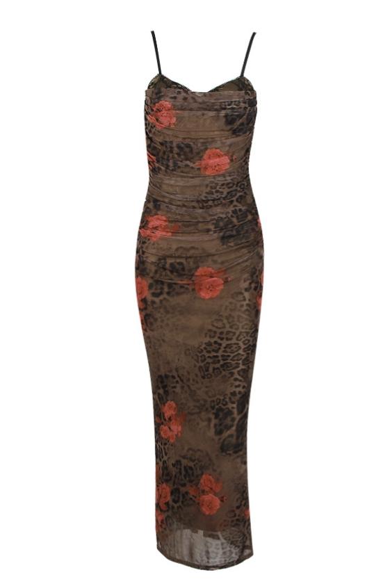 Ruth Baskılı Korse Büzgülü File Midi Elbise