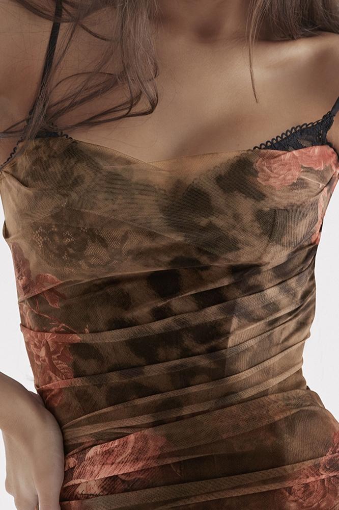 Ruth Baskılı Korse Büzgülü File Midi Elbise