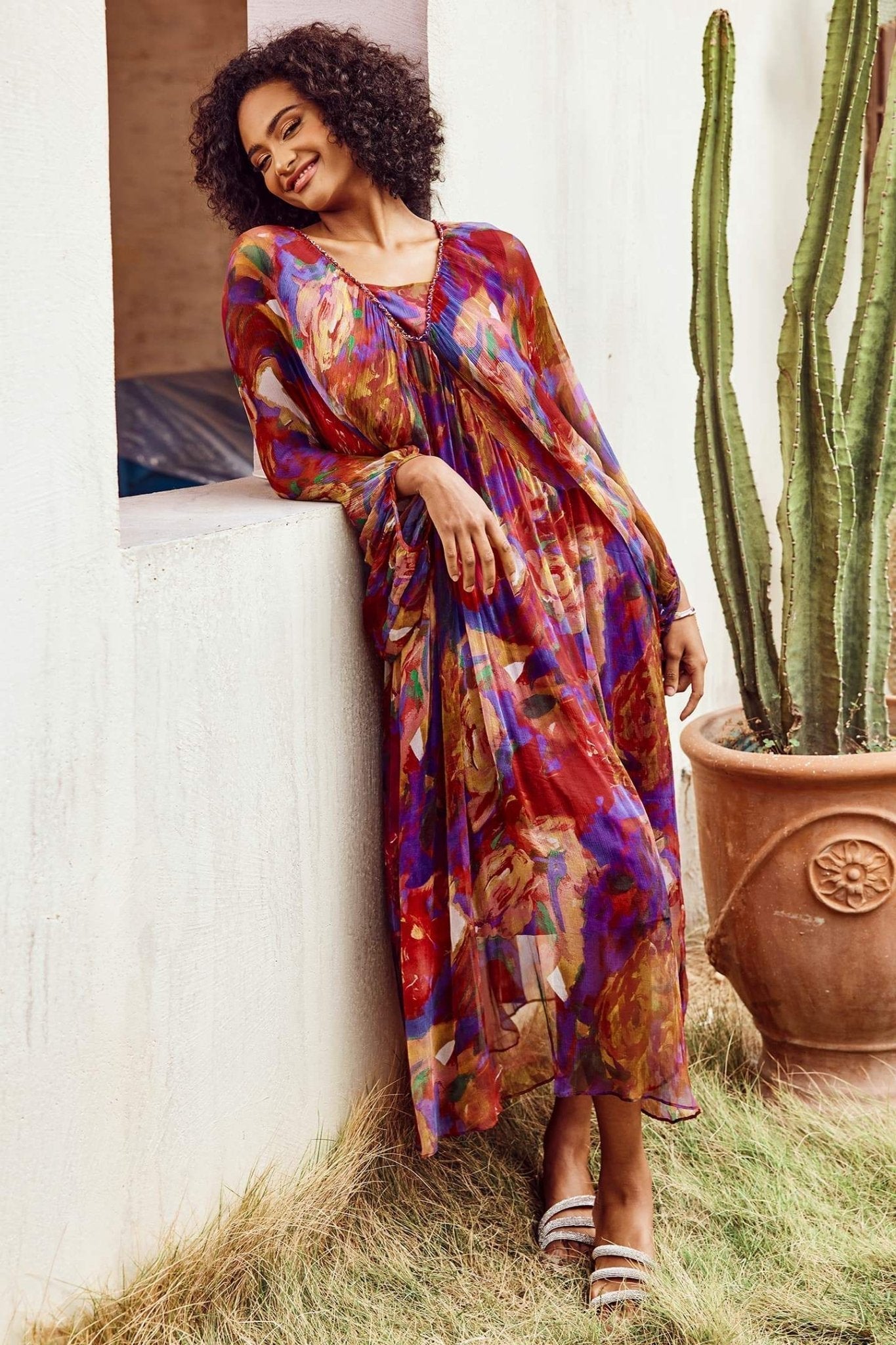 Sabrina Soyut Batwing Kol Midi Elbise