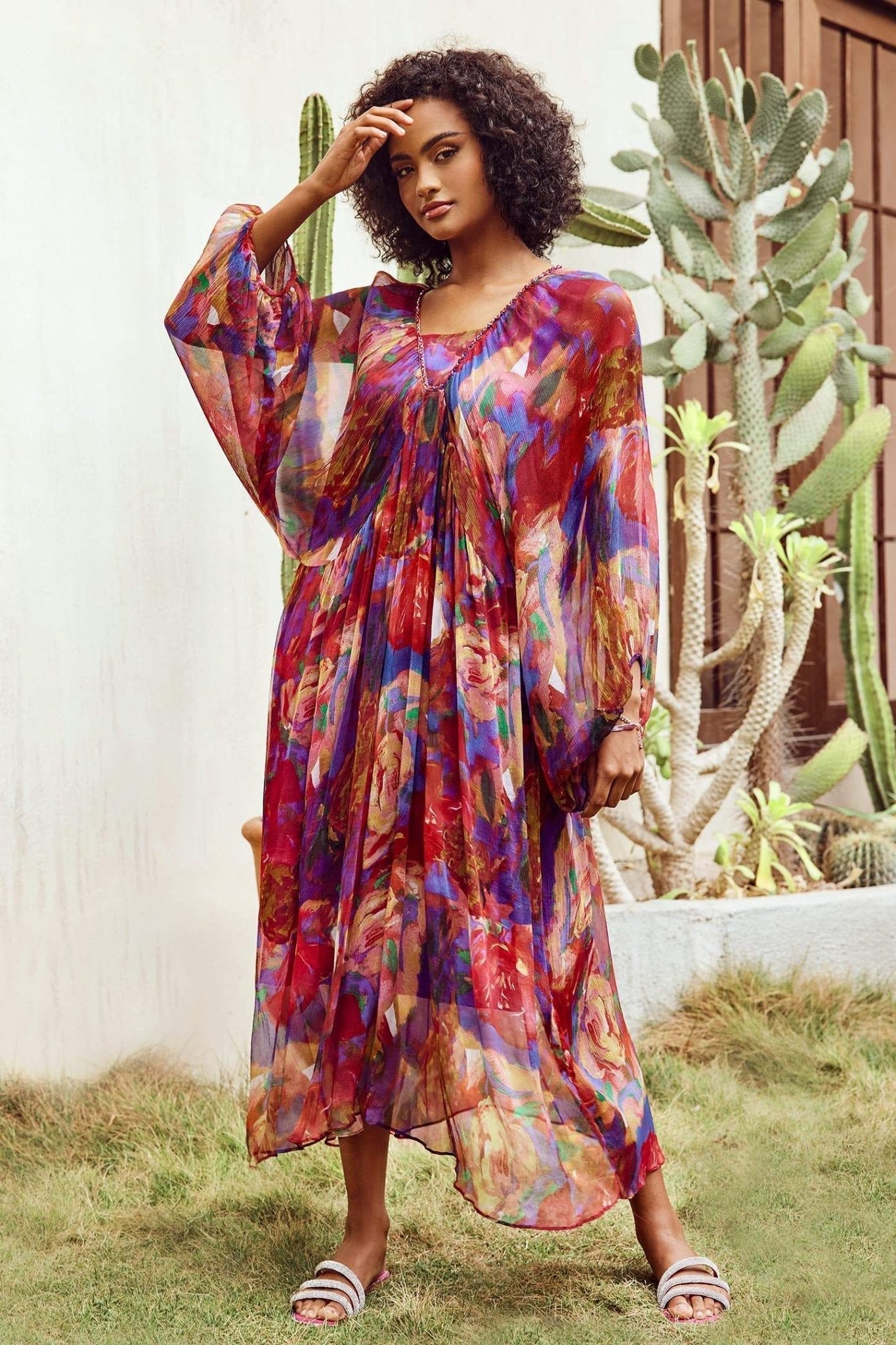 Sabrina Soyut Batwing Kol Midi Elbise