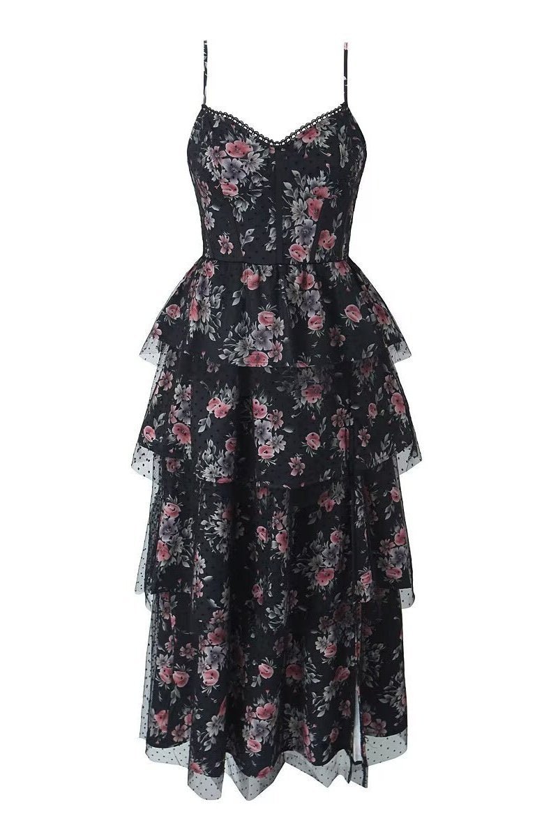 Sabrina Çiçekli Katlı Yırtmaçlı Midi Elbise