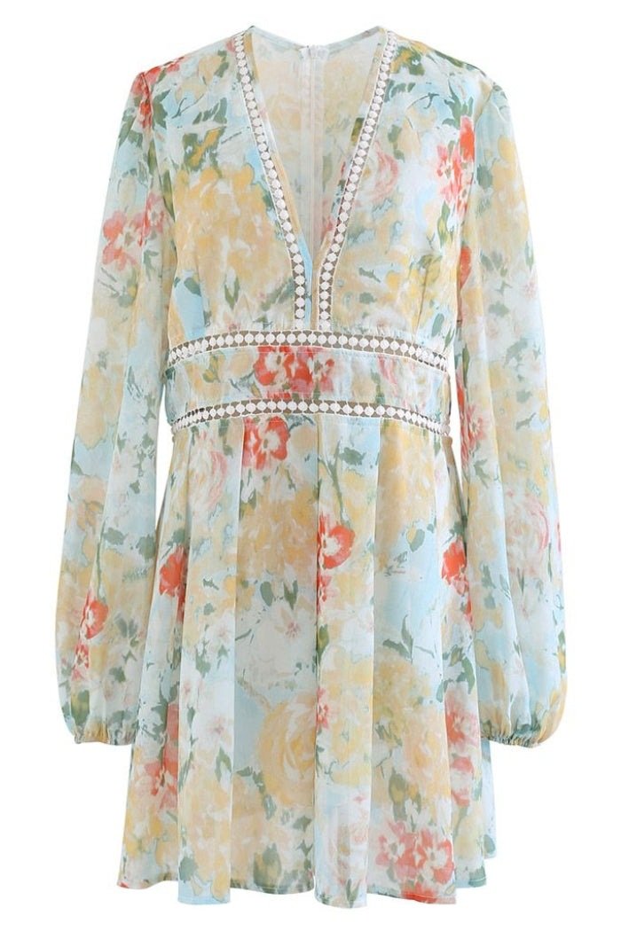 Sadie Baskılı V Yaka Dantelli Mini Elbise