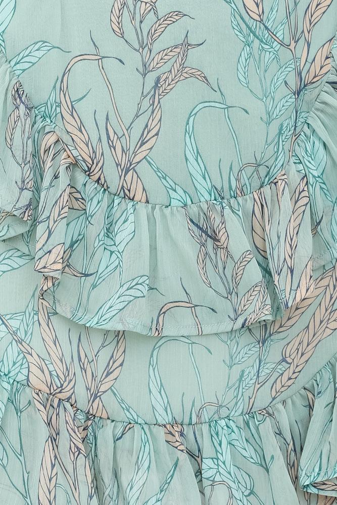 Sally Baskılı Sırtı Açık Fırfırlı Mini Elbise