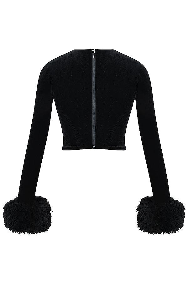 Deri Detaylı Uzun Kollu Kadife Bluz – Siyah