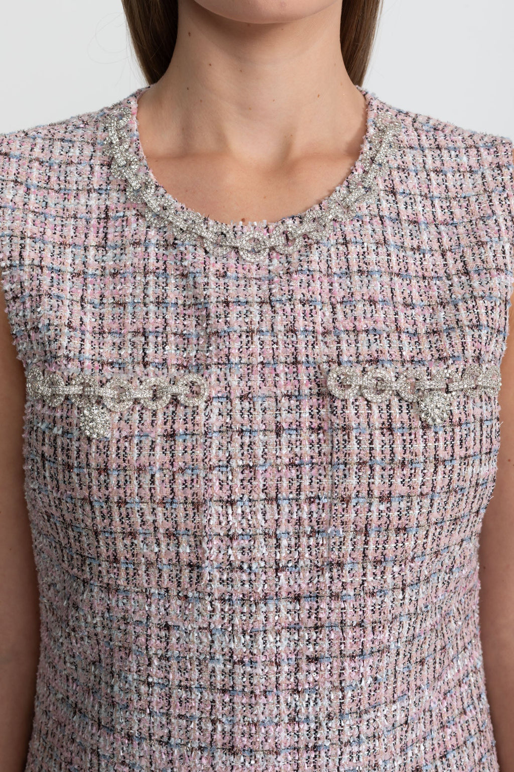 Kolsuz Tweed Mini Elbise - Pembe