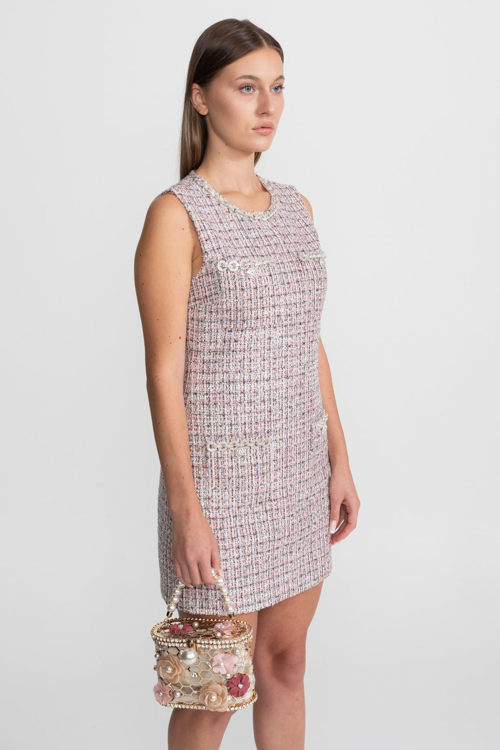 Kolsuz Tweed Mini Elbise - Pembe