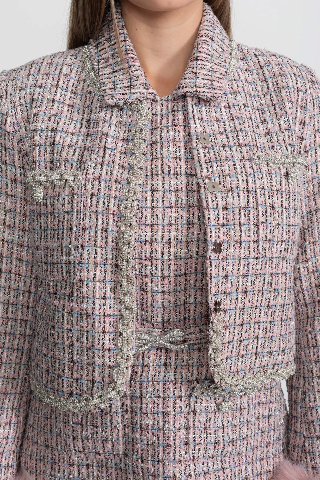 Sahte Kürk Manşetli Kısa Tweed Ceket - Pembe