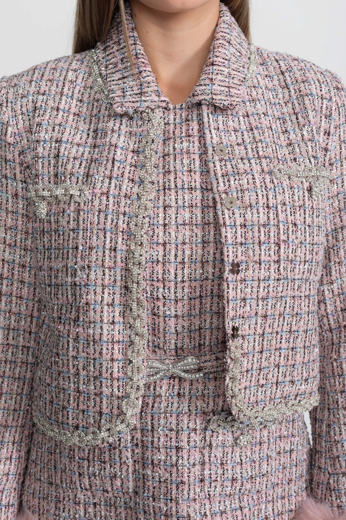 Sahte Kürk Manşetli Kısa Tweed Ceket - Pembe