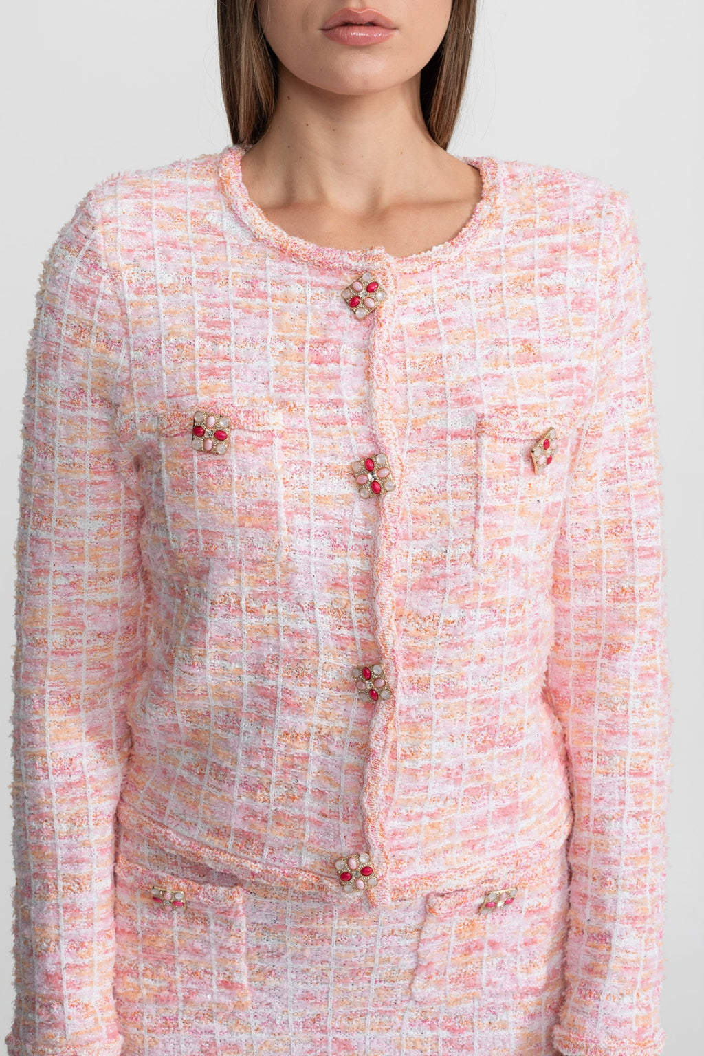 Süslemeli Düğmeli Tweed Takım – Allık Pembesi