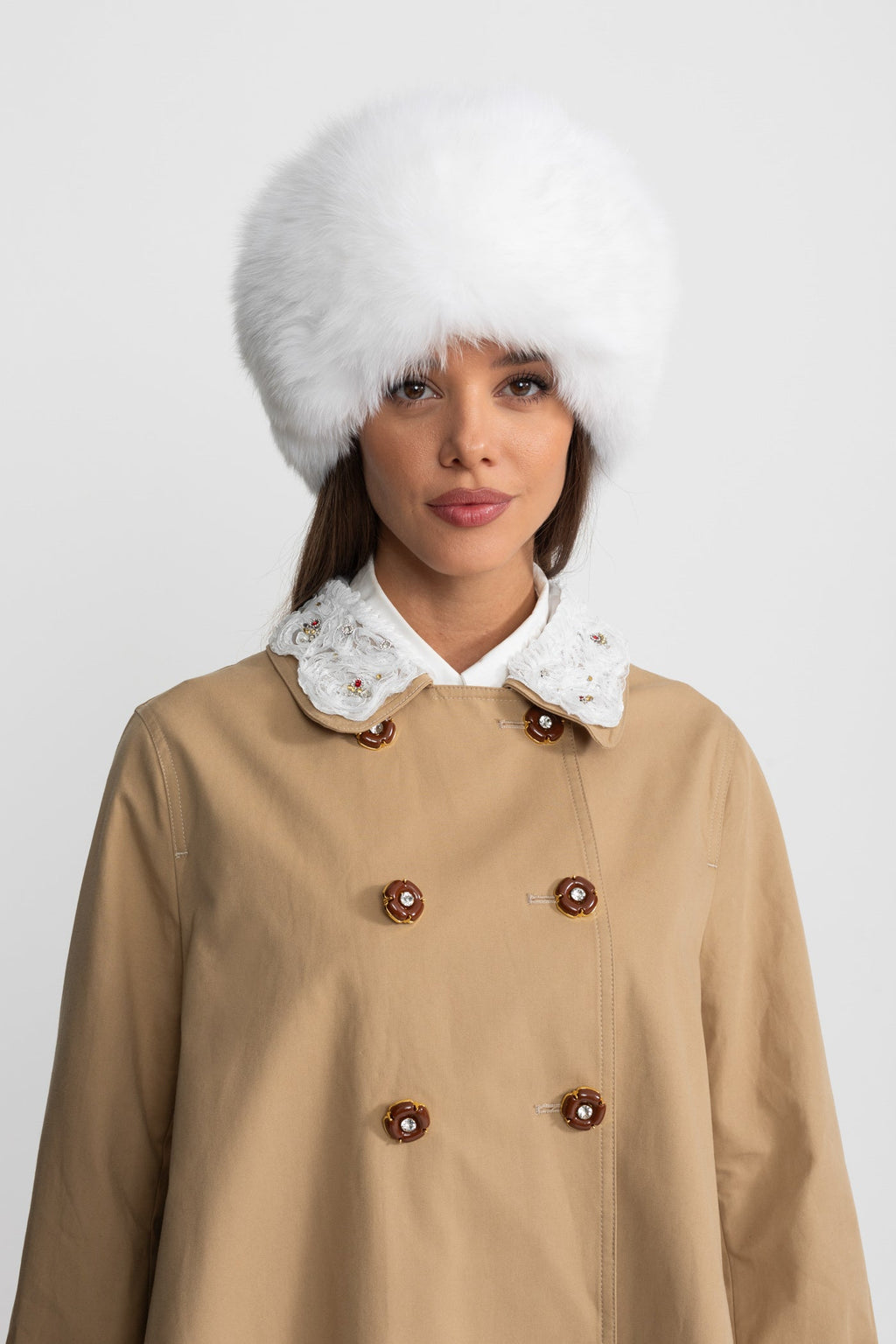 İşlemeli Yakalı A Kesim Mini Trençkot Elbise – Deve Tüyü