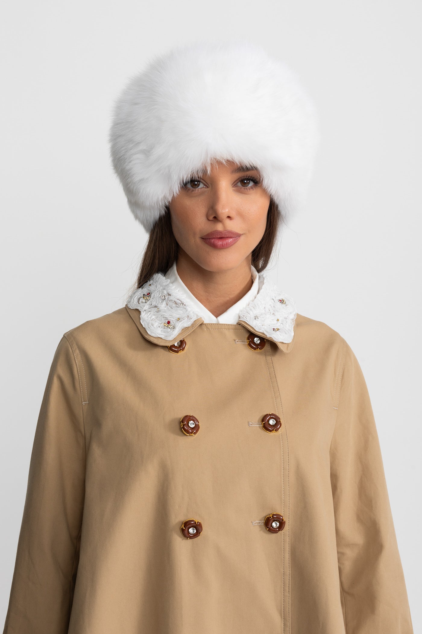 İşlemeli Yakalı A Kesim Mini Trençkot Elbise – Deve Tüyü