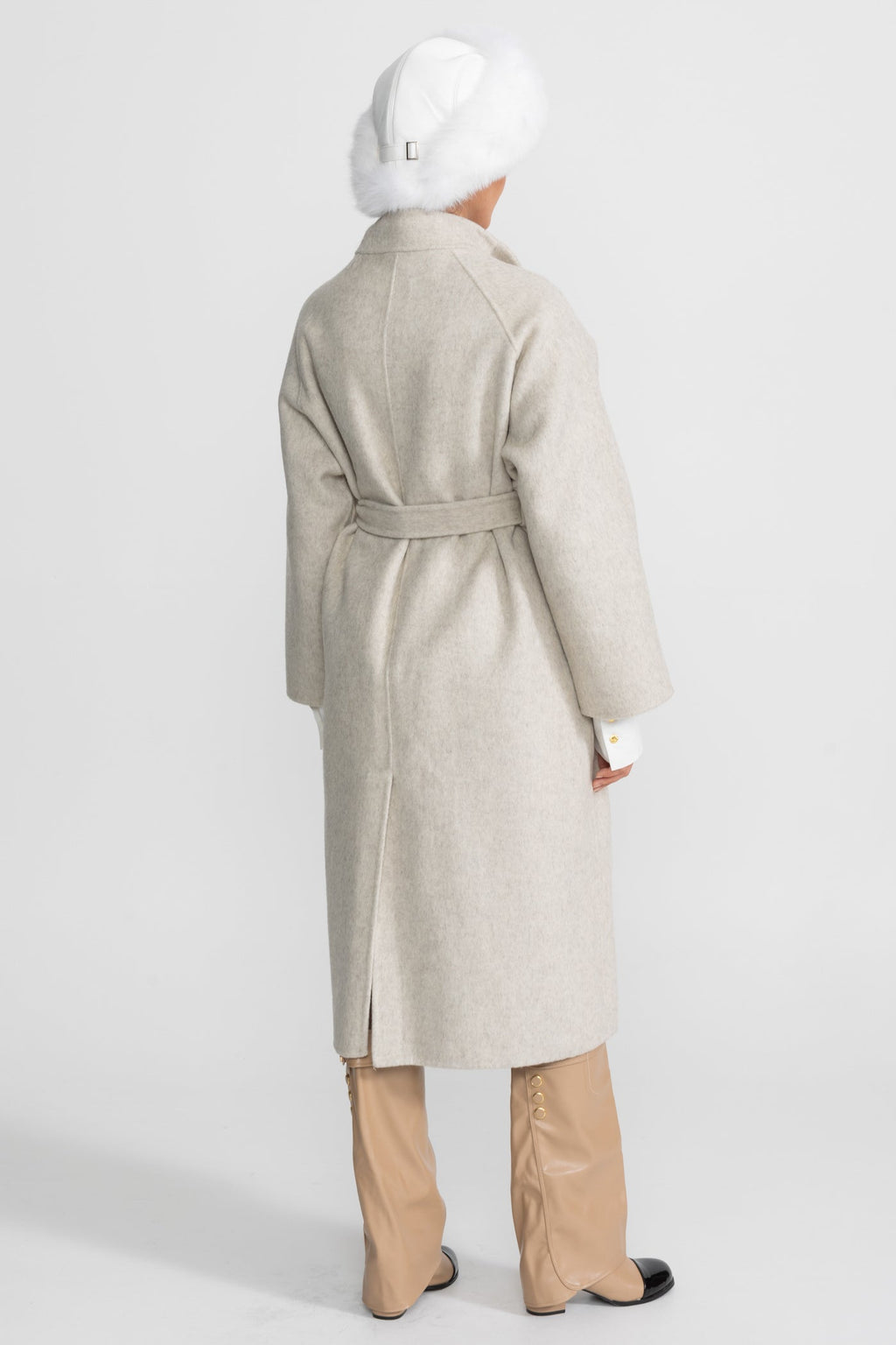 Yüksek Yakalı Kemerli Midi Palto - Bej
