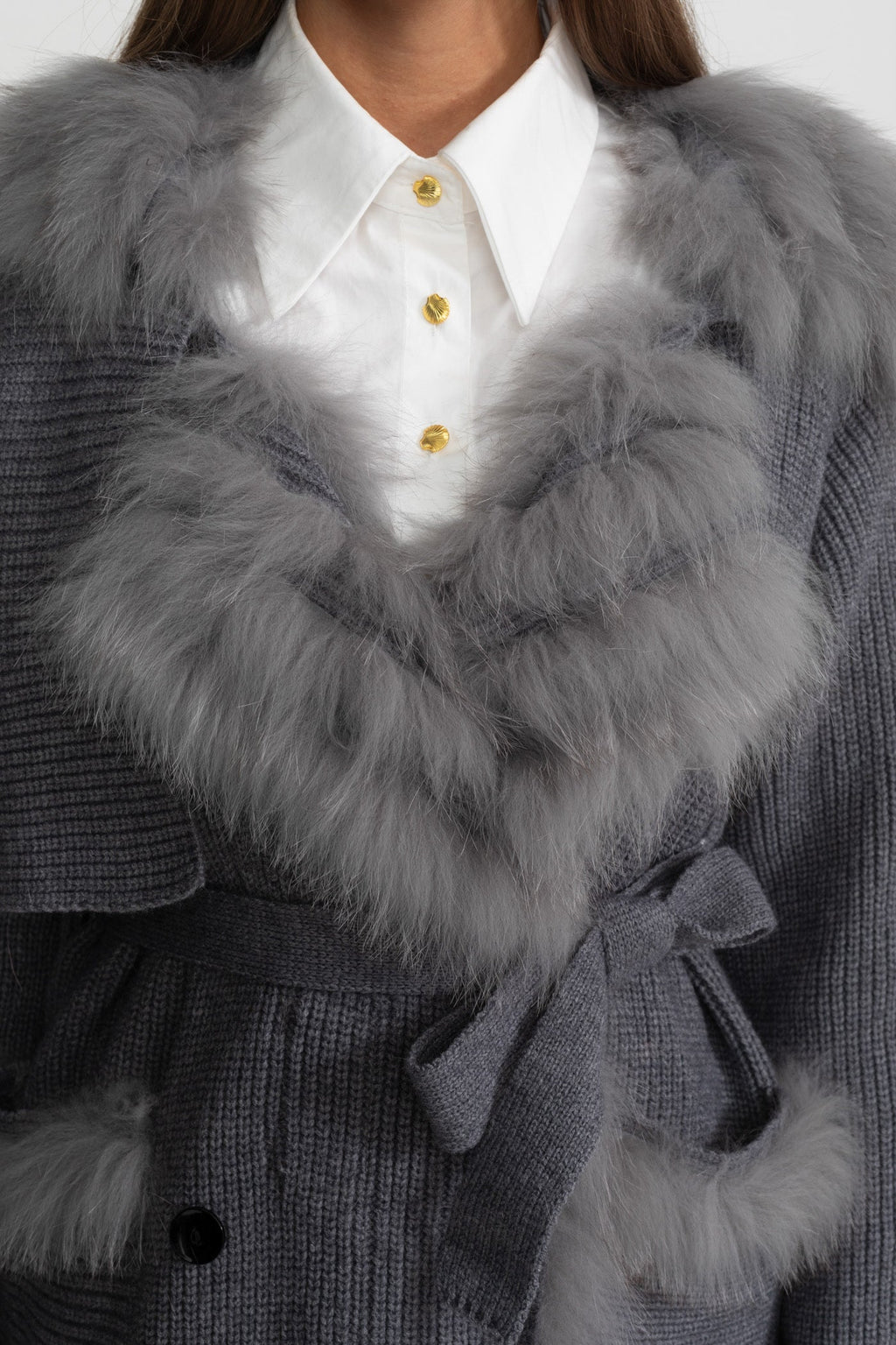 Kürk Kenarlı Kruvaze Yün Örgü Palto - Gri