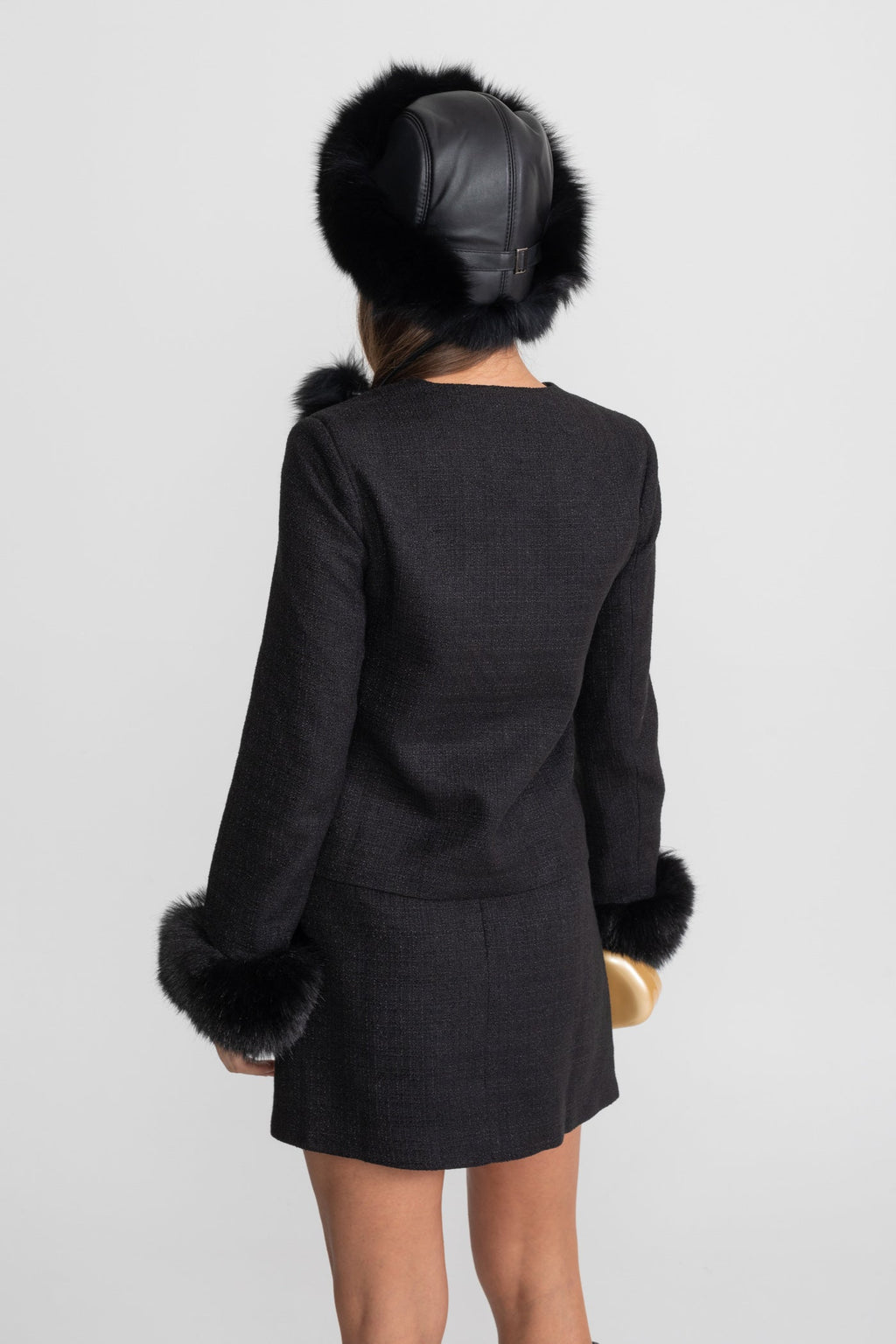 Altın Düğmeli Tweed Mini Etek – Siyah