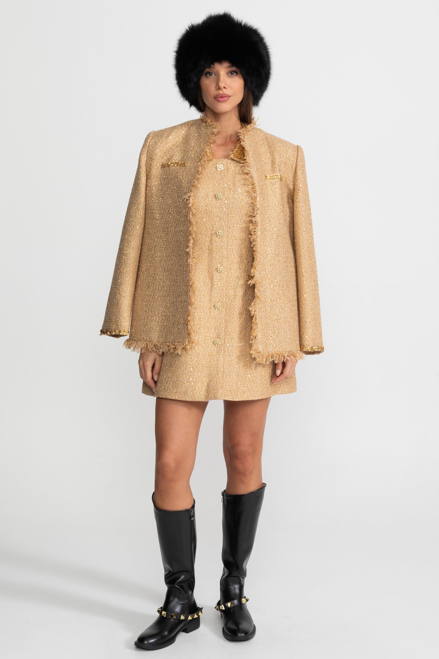 Alia Dokulu Tweed Palto, Karmaşık Payet Süslemeleri Ve Saçak Detaylarıyla - Altın